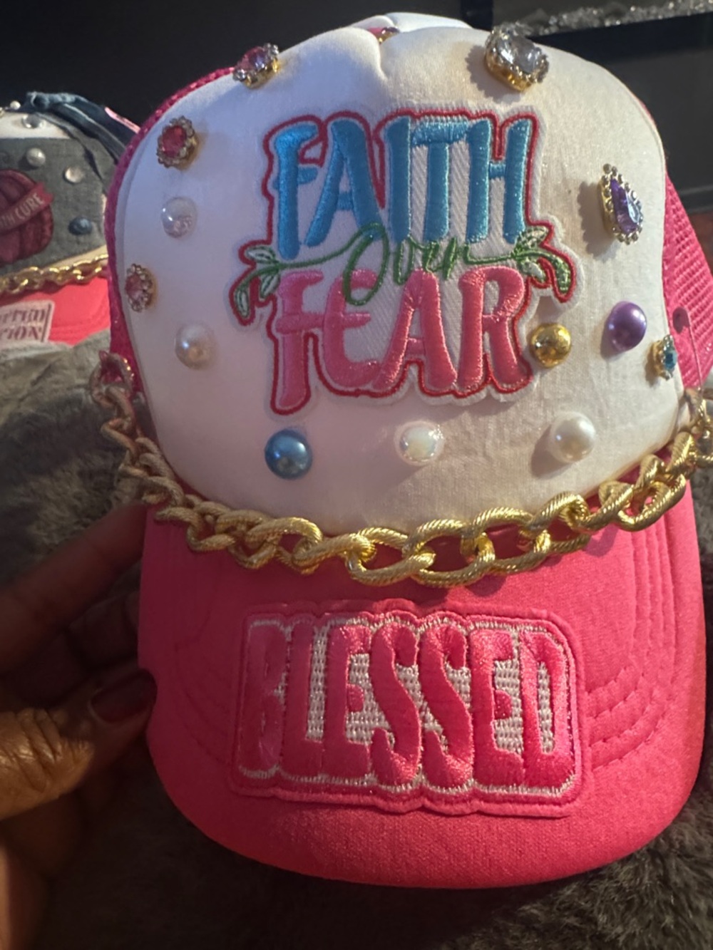 Faith Over Fear Embroidered Pink Trucker Hat - "Blessed"